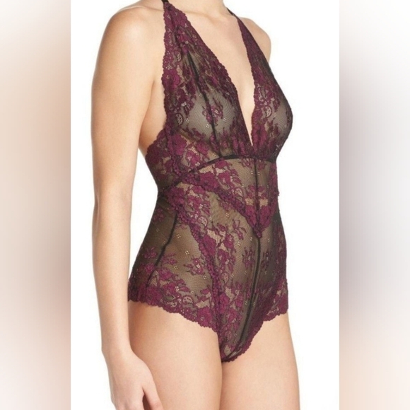 Free People Dark Romantic Small Lace sheer floral Bodysuit Teddy red Fuschia S - Picture 2 of 8